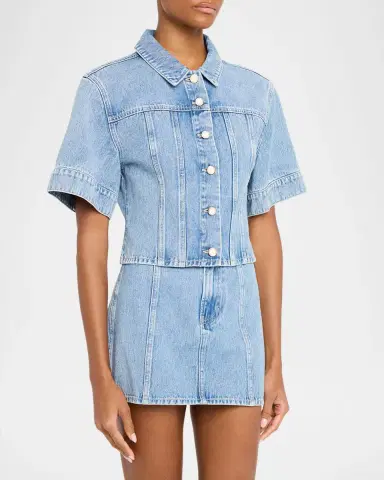 Veronica Beard Malcom Short-Sleeve Cropped Denim Jacket | Thumbnail 3