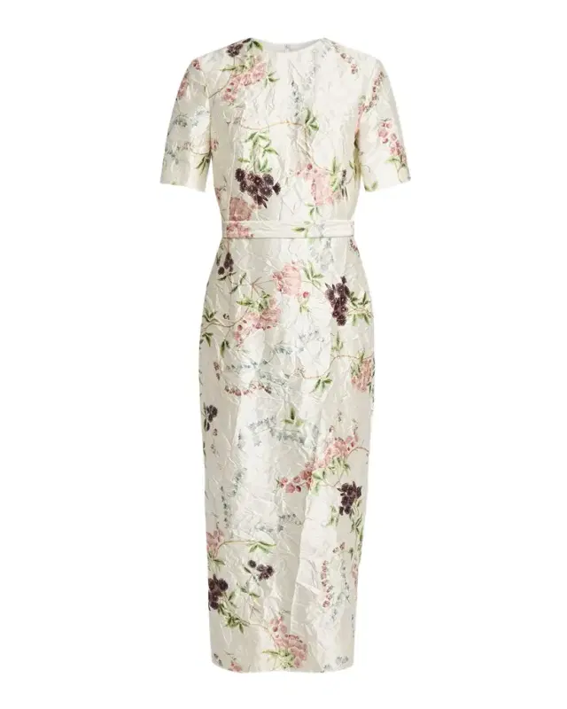 Floral Print Textured Satin Midi Pencil Dress