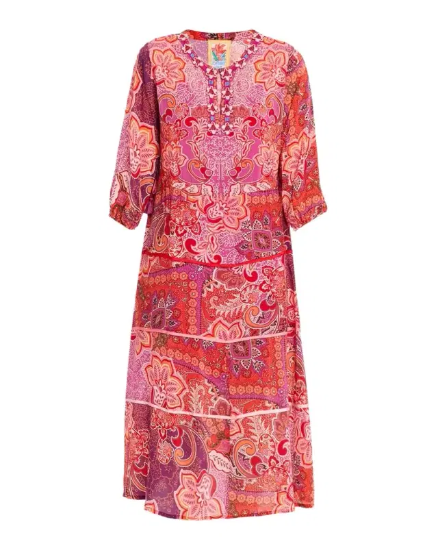 Beaded Floral-Print Midi Dress