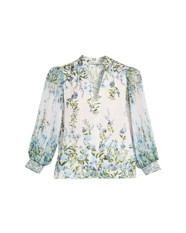 ALICE + OLIVIA Ilan Pleated-Sleeve Blouse