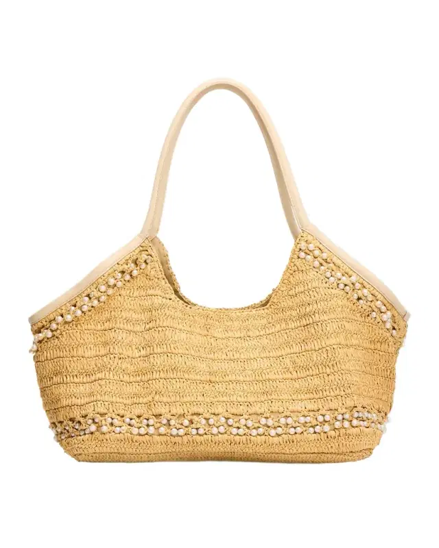 BTB Los Angeles Brandie Pearly-Trim Raffia Tote Bag