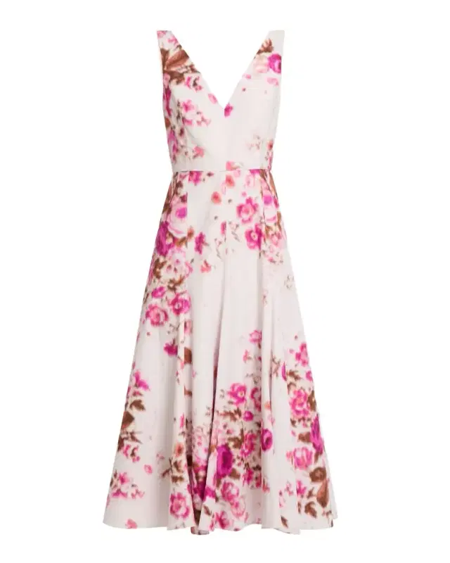 Floral Print Cotton Sleeveless V-Neck Midi Dress