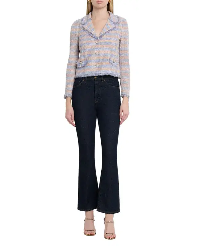 Misook Striped Fringe-Trim Knit Crop Jacket