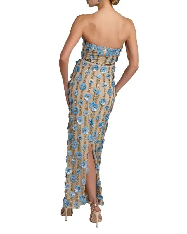3D Floral-Embellished Strapless Maxi Dress