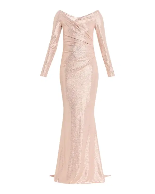 Talbot Runhof Metallic Draped Off-The-Shoulder Long-Sleeve Gown