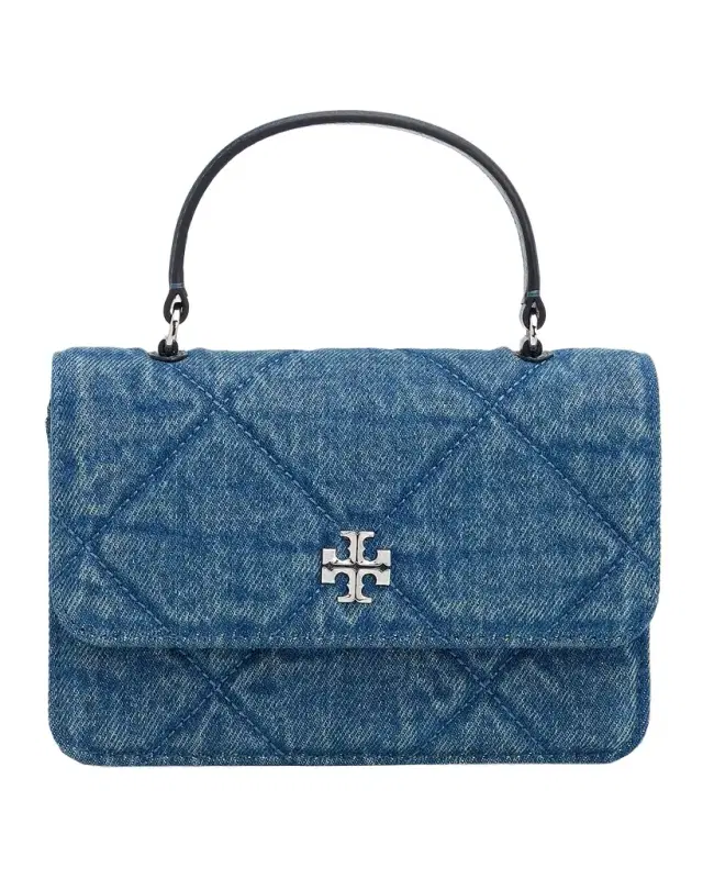 Tory Burch Kira Diamond Quilted Cotton Denim Top Handle Bag