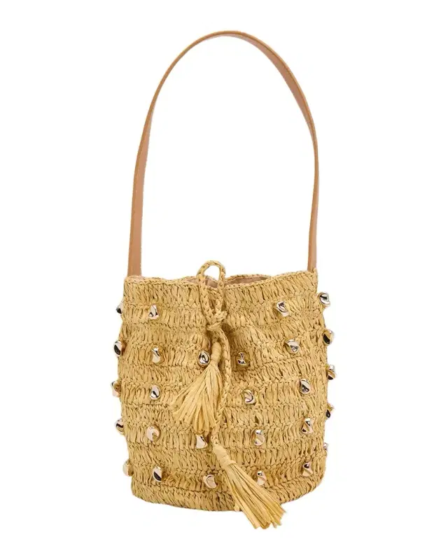 BTB Los Angeles Gaila Studded Raffia Bucket Bag