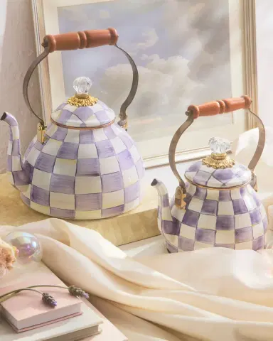 MacKenzie-Childs Violet Check Enamel Tea Kettle, 2 Quarts | Thumbnail 4 MacKenzie-Childs Violet Check Enamel Tea Kettle, 2 Quarts | Thumbnail 4