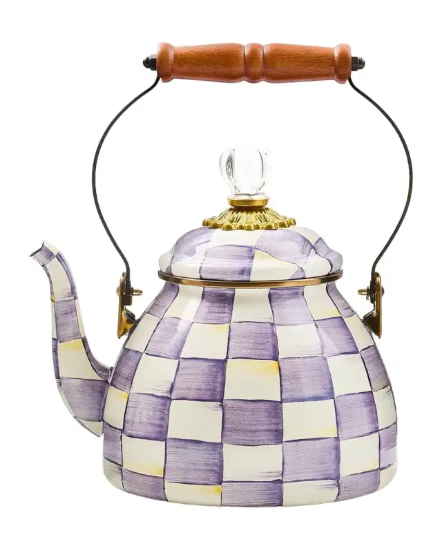 MacKenzie-Childs Violet Check Enamel Tea Kettle, 2 Quarts