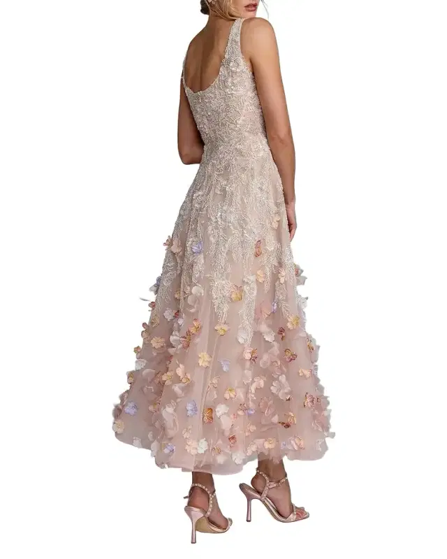 Beaded Floral Applique Midi Dress