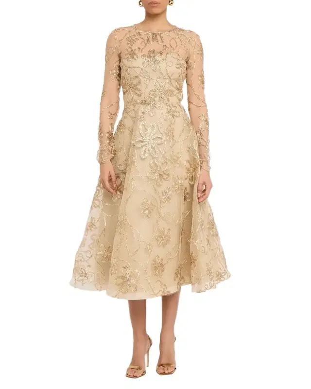 Metallic Raffia Embroidered Long-Sleeve Illusion Midi Dress