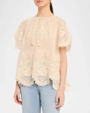 Zimmermann Luna Floral Lace Flutter-Sleeve Blouse | Thumbnail 4