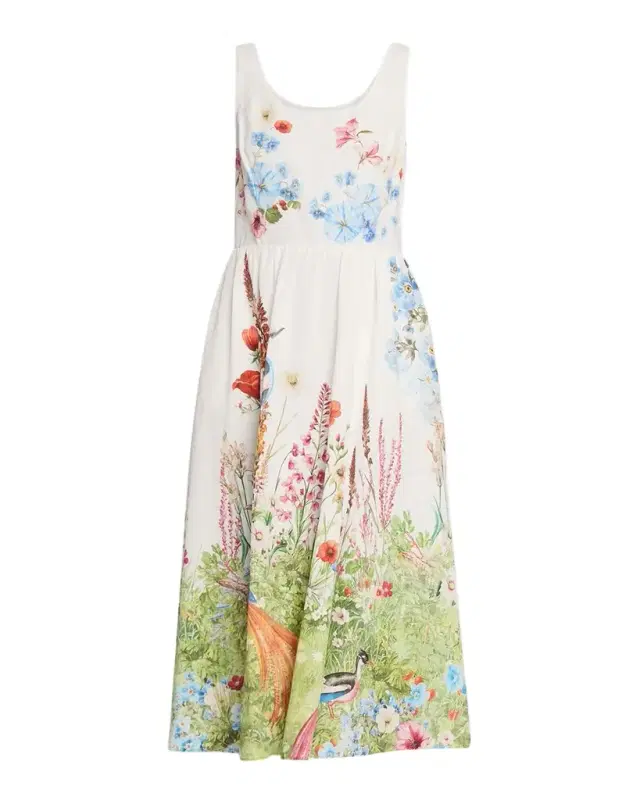 Elie Tahari Marina Floral-Print Linen Midi Dress
