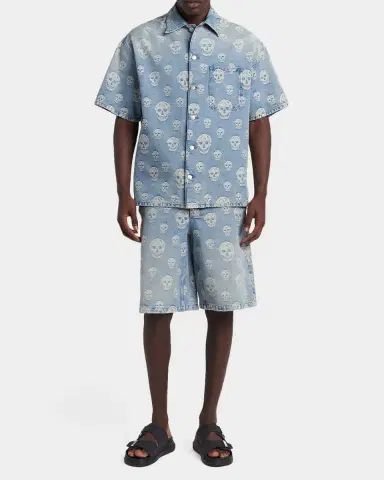 McQueen Men's Denim Allover Skull Short-Sleeve Shirt | Thumbnail 2