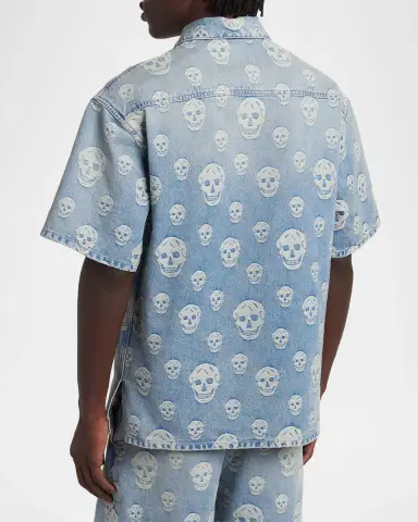 McQueen Men's Denim Allover Skull Short-Sleeve Shirt | Thumbnail 3