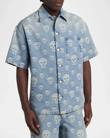 McQueen Men's Denim Allover Skull Short-Sleeve Shirt | Thumbnail 4