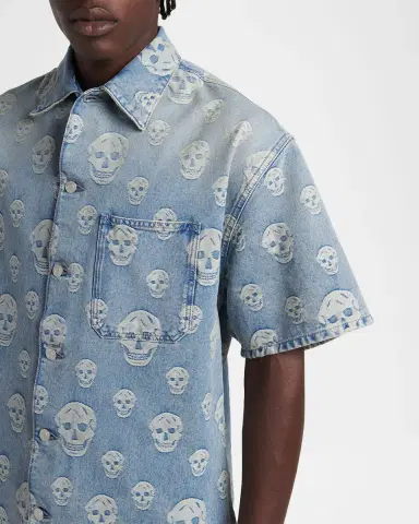 McQueen Men's Denim Allover Skull Short-Sleeve Shirt | Thumbnail 5