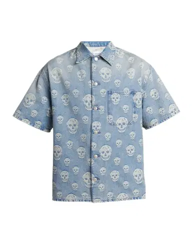 McQueen Men's Denim Allover Skull Short-Sleeve Shirt | Thumbnail 1