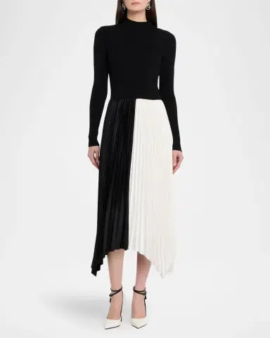 Elie Tahari Elsa Colorblocked Pleated Asymmetric Midi-Dress | Thumbnail 2
