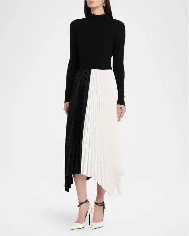 Elie Tahari Elsa Colorblocked Pleated Asymmetric Midi-Dress | Thumbnail 4
