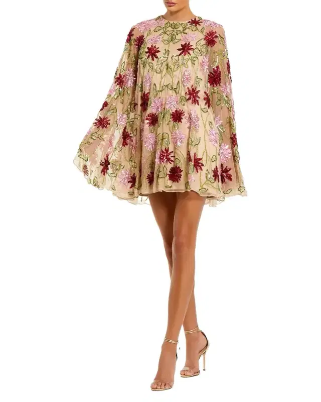 Cocktail Embellished Floral Mesh Cape Minidress