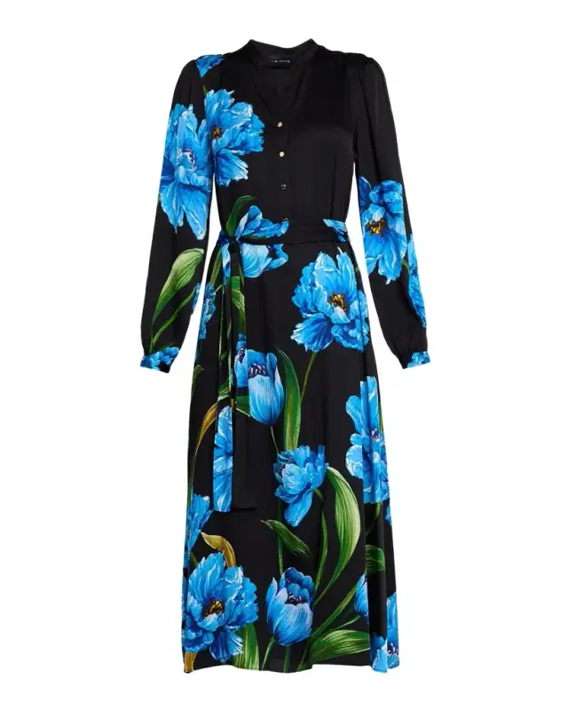 Elie Tahari Mila Floral Silk-Blend Belted Midi-Shirtdress