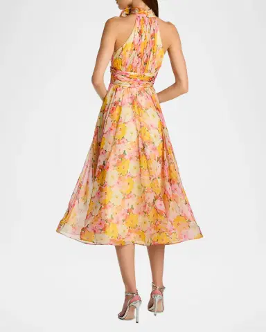 Mac Duggal Floral-Print Chiffon Halter Midi Dress | Thumbnail 2