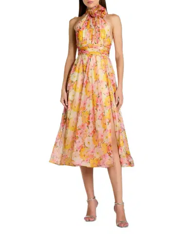 Mac Duggal Floral-Print Chiffon Halter Midi Dress | Thumbnail 1