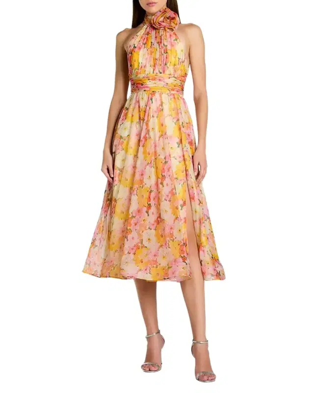 Floral-Print Chiffon Halter Midi Dress