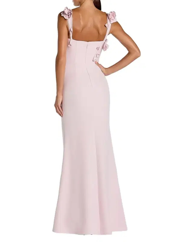 Floral-Appliqué Square-Neck Column Gown