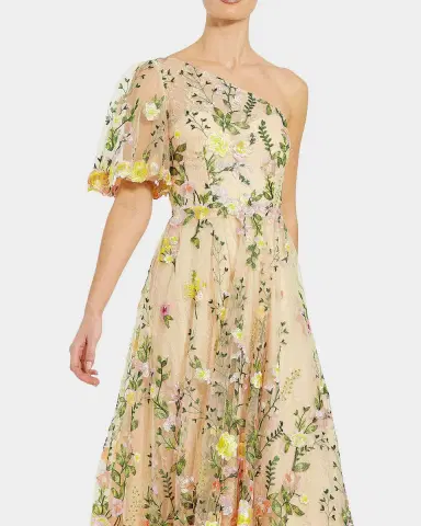Mac Duggal Floral Embroidered One-Shoulder Midi-Dress | Thumbnail 2