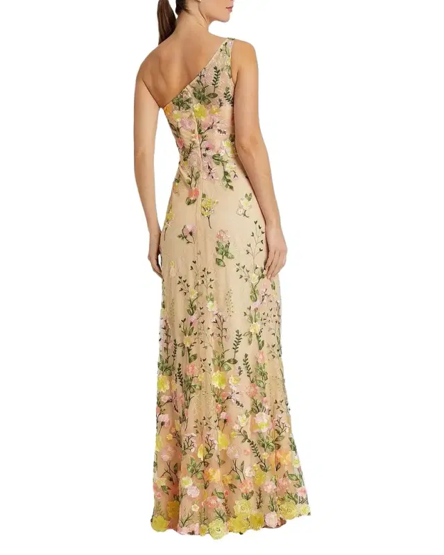One-Shoulder Floral Embroidered Gown