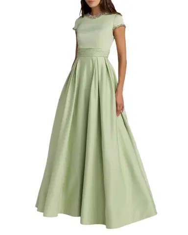 Mac Duggal Embellished Satin Cap-Sleeve Gown | Thumbnail 1 Mac Duggal Embellished Satin Cap-Sleeve Gown | Thumbnail 1