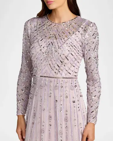 Mac Duggal Tulle Beaded Long-Sleeve A-Line Gown | Thumbnail 3 Mac Duggal Tulle Beaded Long-Sleeve A-Line Gown | Thumbnail 3