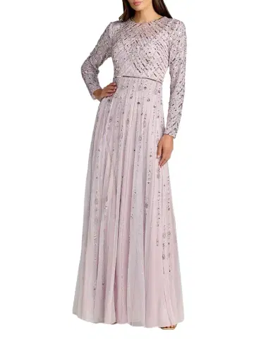Mac Duggal Tulle Beaded Long-Sleeve A-Line Gown | Thumbnail 1 Mac Duggal Tulle Beaded Long-Sleeve A-Line Gown | Thumbnail 1
