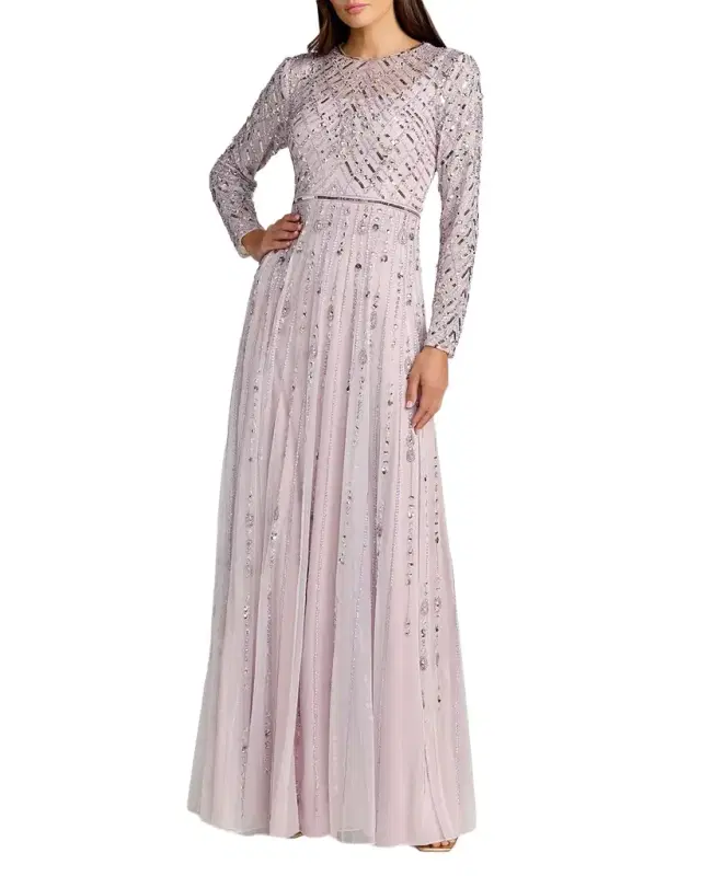 Mac Duggal Tulle Beaded Long-Sleeve A-Line Gown