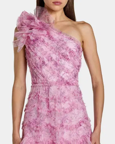 Mac Duggal Baroque Mesh Ruffled One-Shoulder Midi-Dress | Thumbnail 2 Mac Duggal Baroque Mesh Ruffled One-Shoulder Midi-Dress | Thumbnail 2