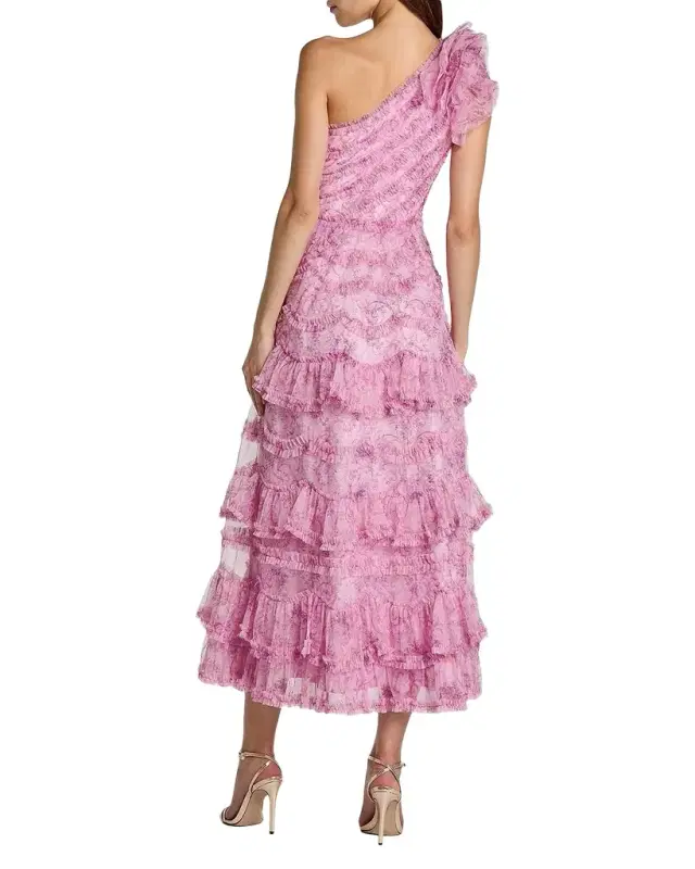 Baroque Mesh Ruffled One-Shoulder Midi-Dress