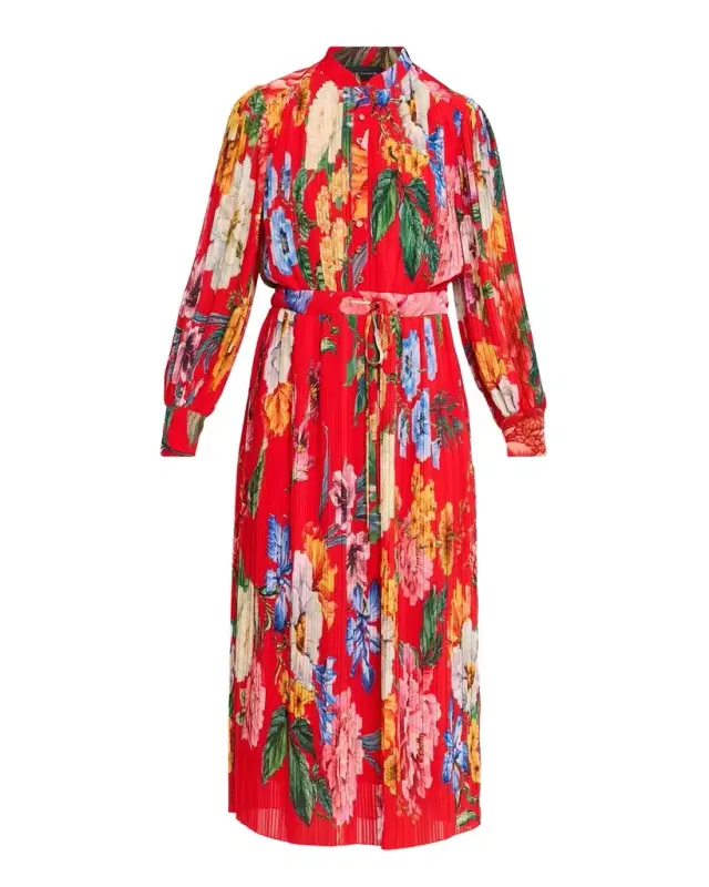 Elie Tahari The Almada Pleated Floral-Print Midi Dress