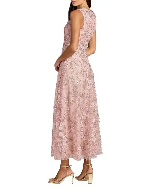 Floral Embroidered Round-Neck Midi-Dress
