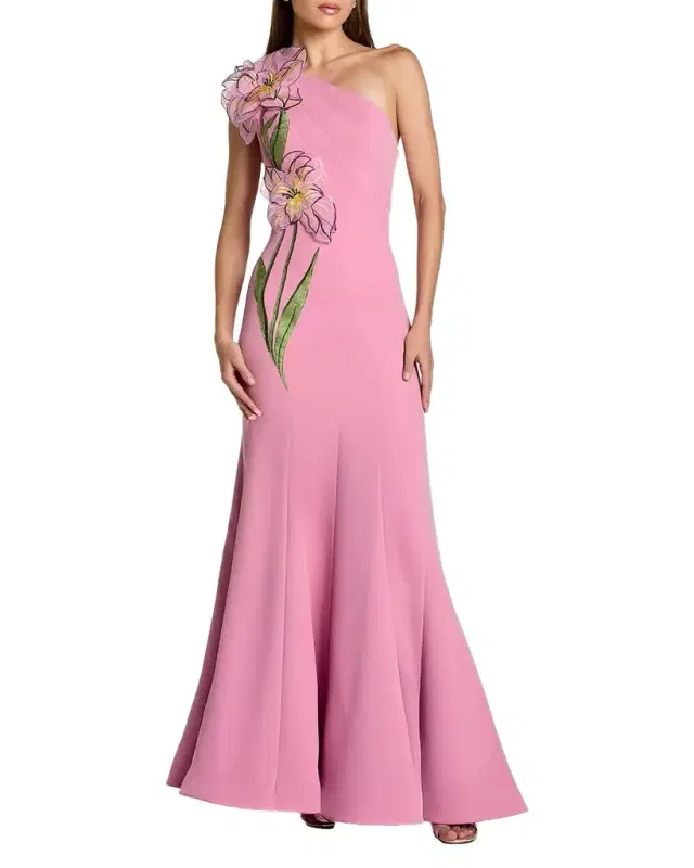 Floral Appliqué One-Shoulder Gown