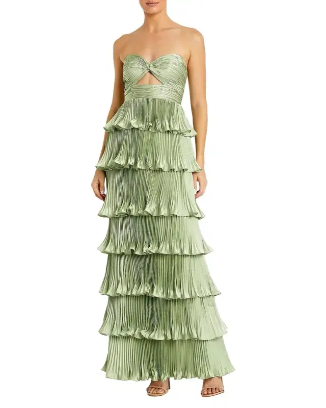 Mac Duggal Ieena Pleated Charmeuse Strapless Tiered Ruffle Gown