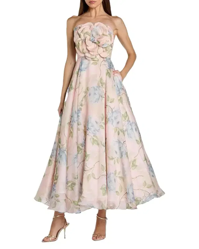 Mac Duggal Floral Organza A-Line Strapless Cocktail Dress