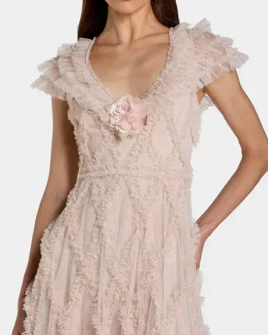 Mac Duggal Mesh Ruffled V-Neck Midi-Dress | Thumbnail 3 Mac Duggal Mesh Ruffled V-Neck Midi-Dress | Thumbnail 3