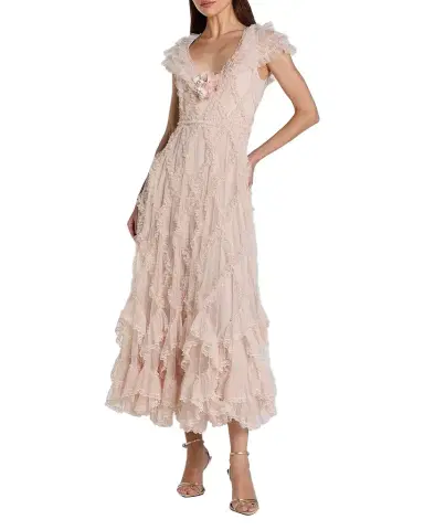 Mac Duggal Mesh Ruffled V-Neck Midi-Dress | Thumbnail 1 Mac Duggal Mesh Ruffled V-Neck Midi-Dress | Thumbnail 1