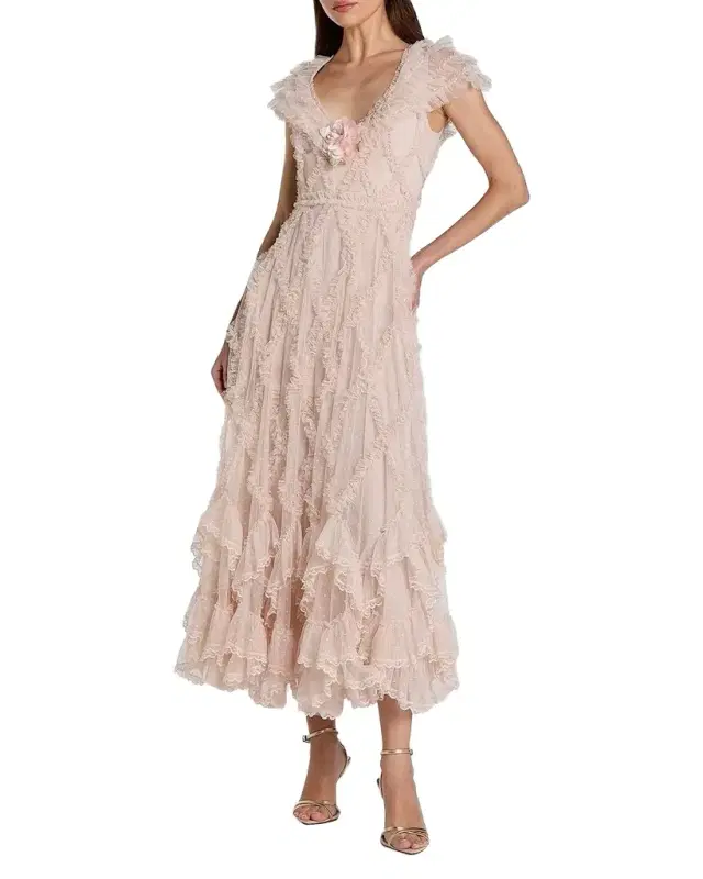 Mac Duggal Mesh Ruffled V-Neck Midi-Dress