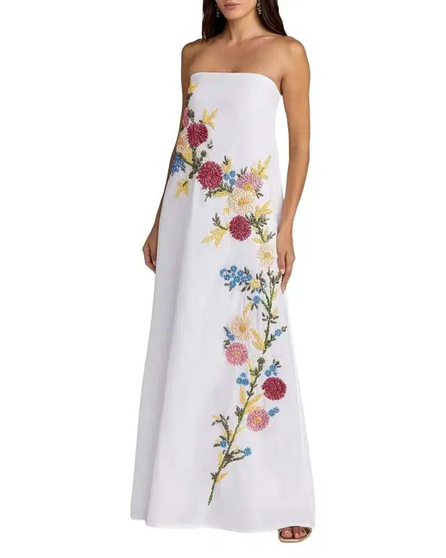 Mac Duggal Floral Embroidered Linen Strapless Trapeze Gown