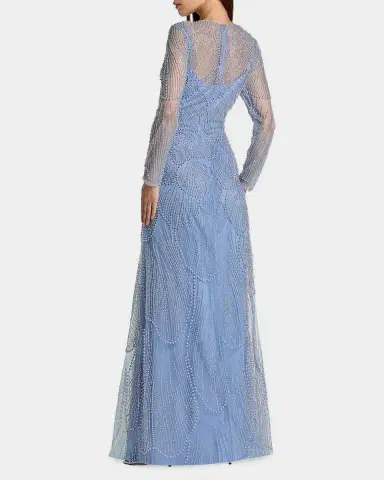 Mac Duggal Beaded Mesh Long-Sleeve A-Line Gown | Thumbnail 2 Mac Duggal Beaded Mesh Long-Sleeve A-Line Gown | Thumbnail 2