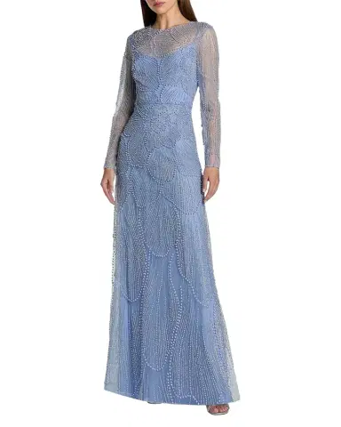 Mac Duggal Beaded Mesh Long-Sleeve A-Line Gown | Thumbnail 1 Mac Duggal Beaded Mesh Long-Sleeve A-Line Gown | Thumbnail 1