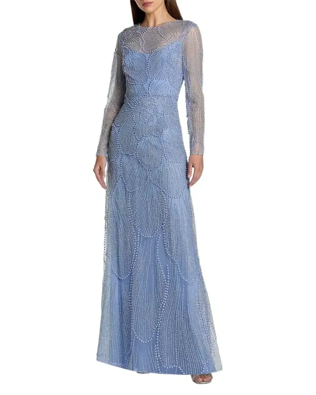 Mac Duggal Beaded Mesh Long-Sleeve A-Line Gown